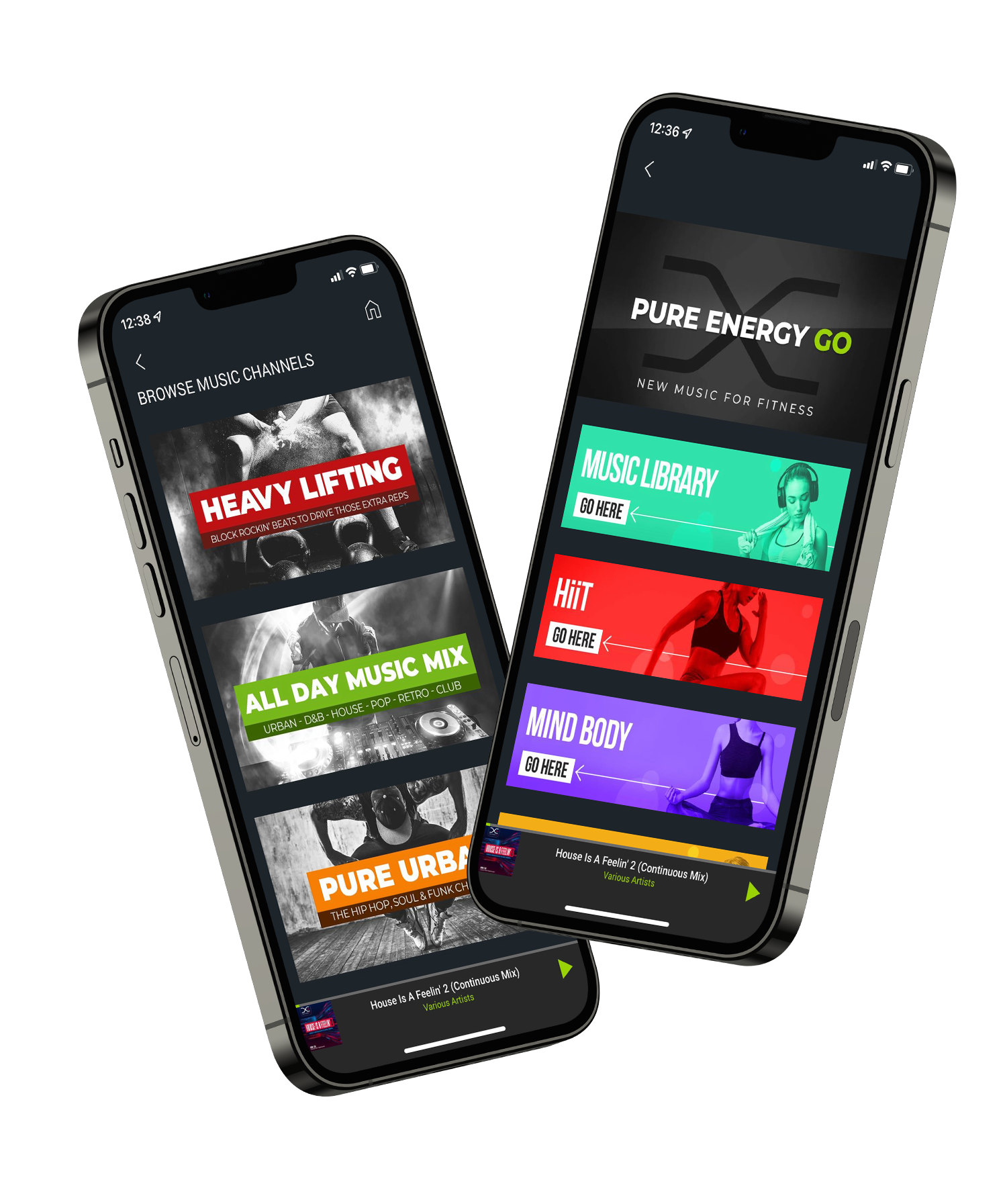 image of 2 smart phones showing the Pure Energy GO gym music app